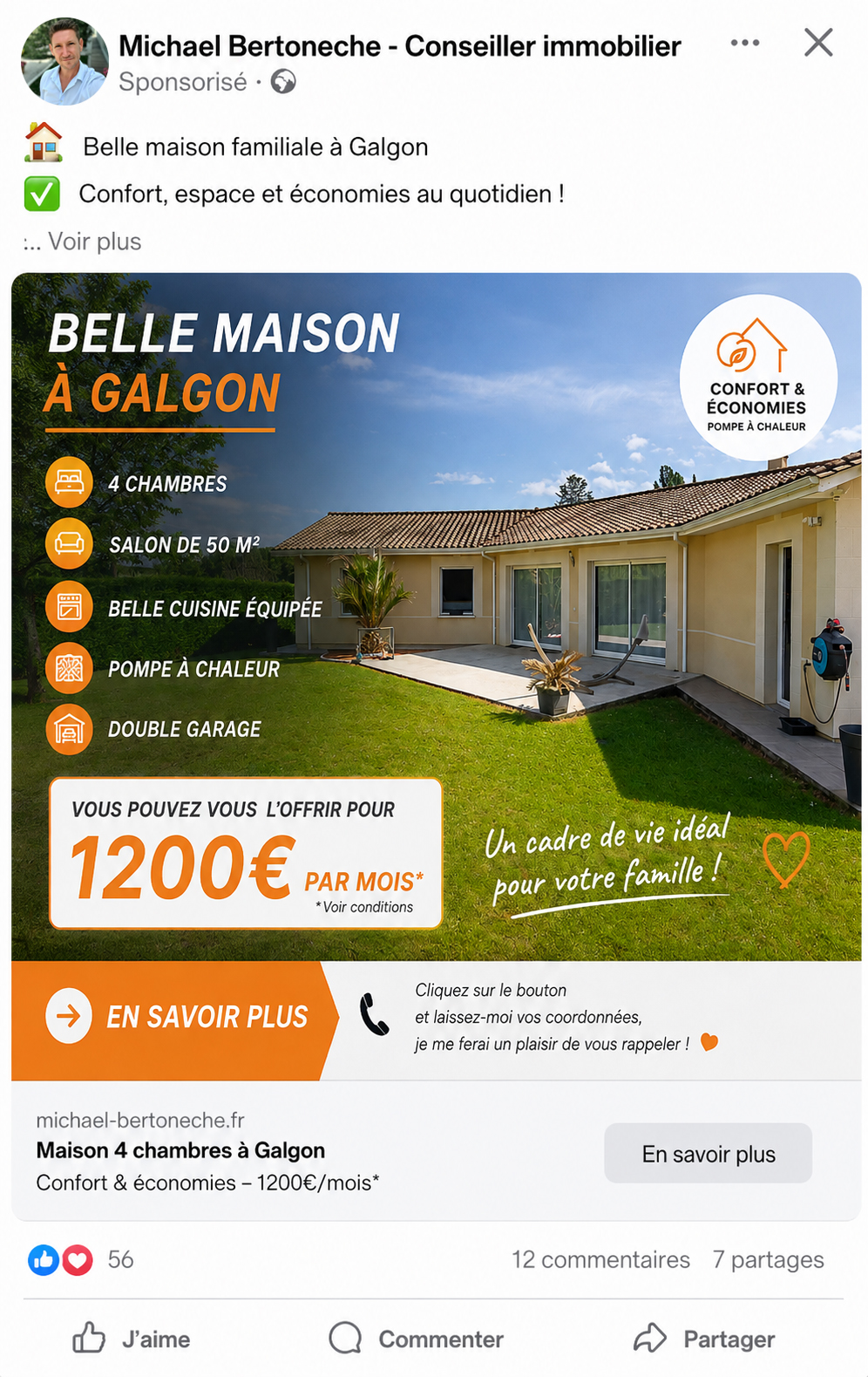 Exemple de campagne publicitaire Facebook pour une maison en Fronsadais